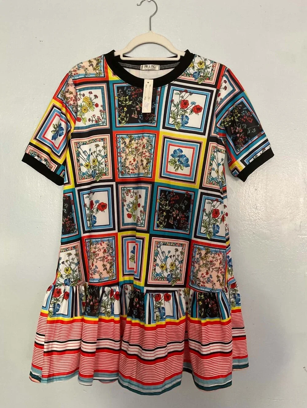Floral Frame Print Dress with Ruffle Hem - Multicolor
